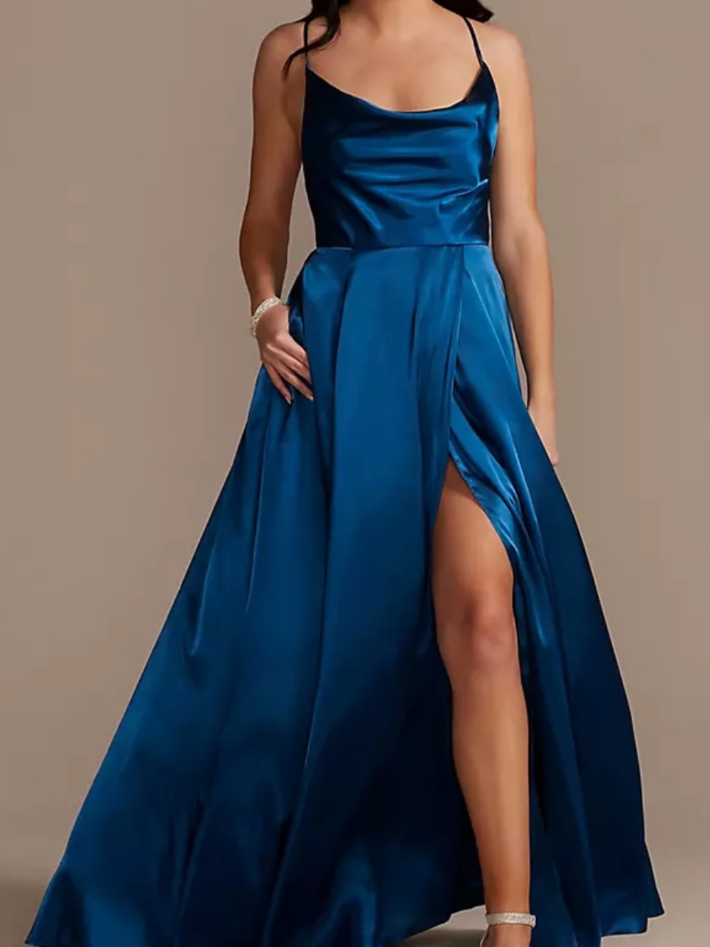David's Bridal Satin Spaghetti-Strap Maxi Gown in Sapphire Blue